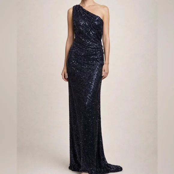 Lauren Ralph Lauren Evening - Navy Sequin One Shoulder Full Length Gown Size 14 - Picture 1 of 8